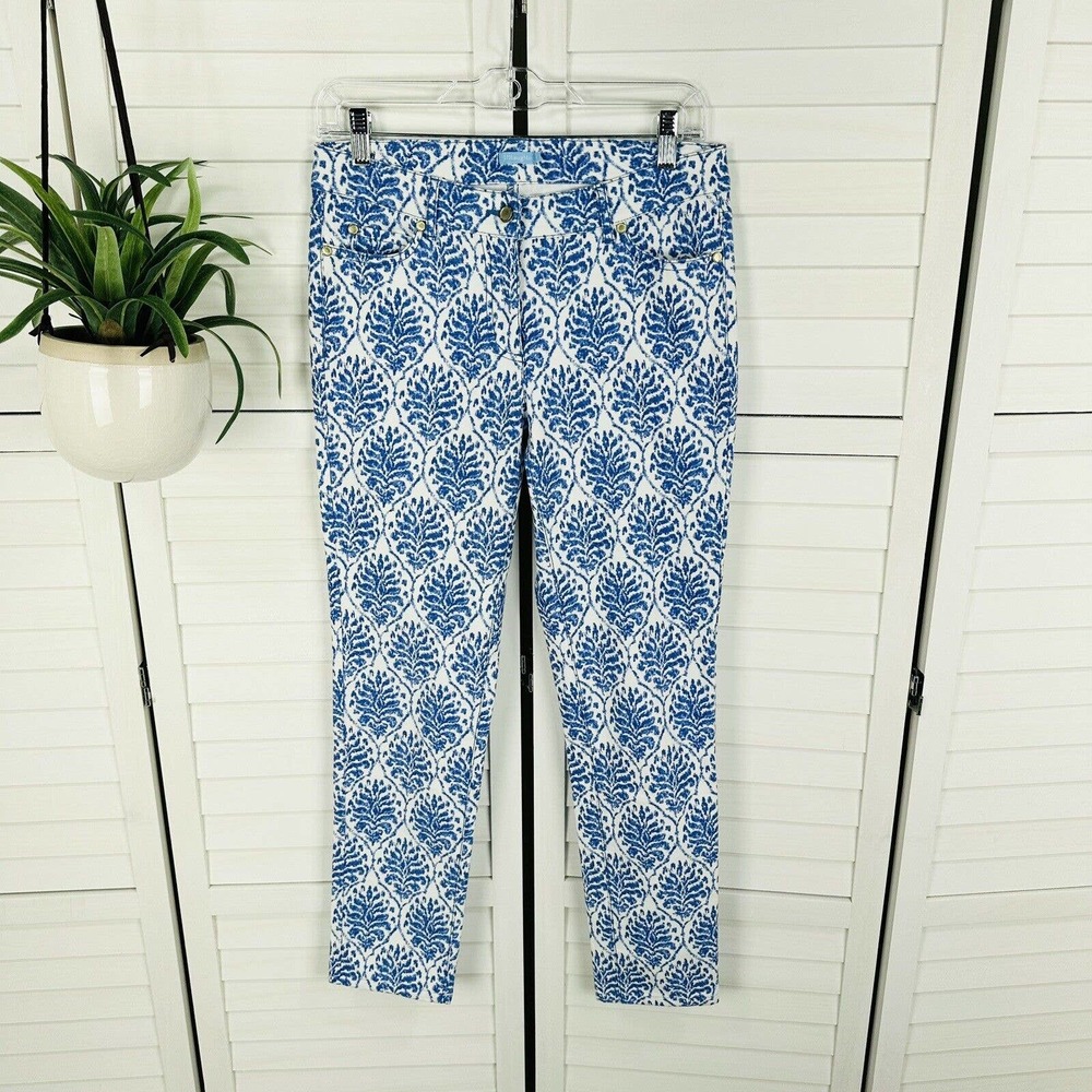 J Mclaughlin Lexi Jean‎ Blue White Printed Stretch Pants Womens Size 4 Hemmed